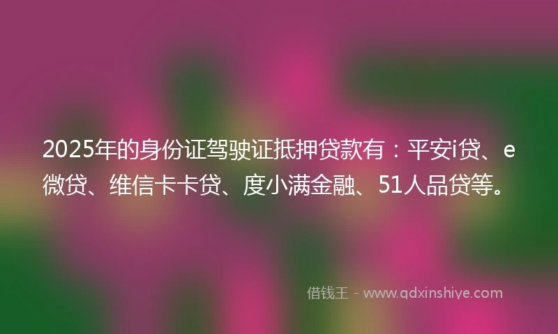 2025年的身份证驾驶证抵押贷款有:平安i贷、e微贷、维信卡卡贷、度小满金融、51人品贷等。
