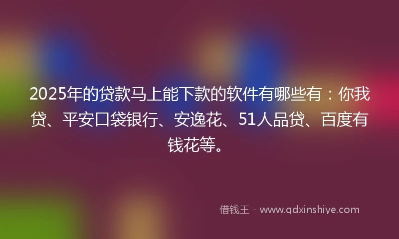2025年的贷款马上能下款的软件有哪些有：你我贷、平安口袋银行、安逸花、51人品贷、百度有钱花等。