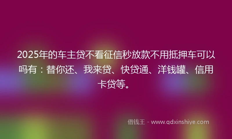 2025年的车主贷不看征信秒放款不用抵押车可以吗有：替你还、我来贷、快贷通、洋钱罐、信用卡贷等。