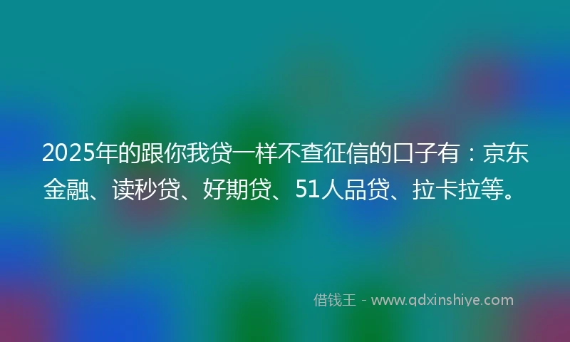 2025年的跟你我贷一样不查征信的口子有：京东金融、读秒贷、好期贷、51人品贷、拉卡拉等。