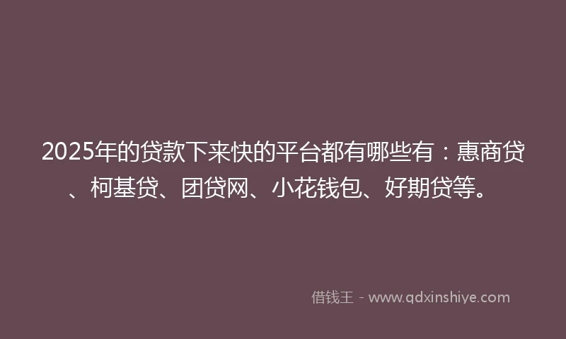 2025年的贷款下来快的平台都有哪些有：惠商贷、柯基贷、团贷网、小花钱包、好期贷等。