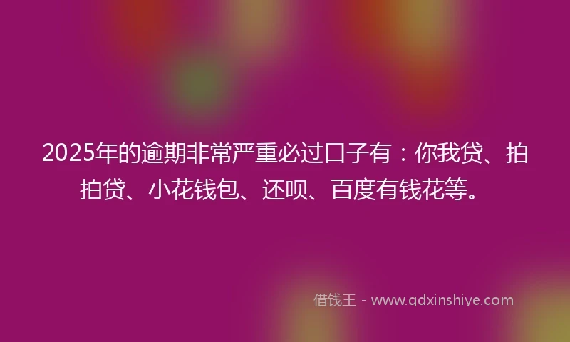 2025年的逾期非常严重必过口子有：你我贷、拍拍贷、小花钱包、还呗、百度有钱花等。