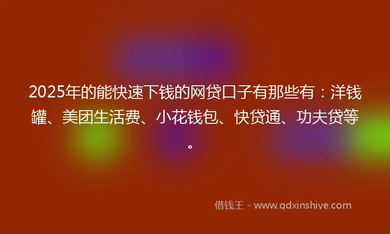 2025年的能快速下钱的网贷口子有那些有：洋钱罐、美团生活费、小花钱包、快贷通、功夫贷等。