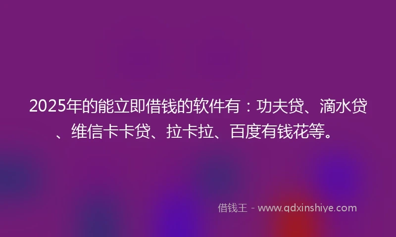 2025年的能立即借钱的软件有：功夫贷、滴水贷、维信卡卡贷、拉卡拉、百度有钱花等。