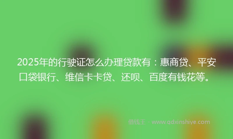 2025年的行驶证怎么办理贷款有:惠商贷、平安口袋银行、维信卡卡贷、还呗、百度有钱花等。