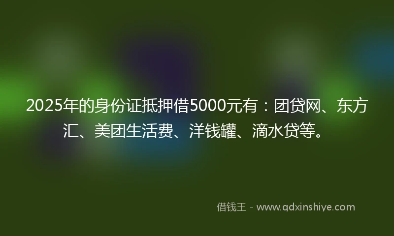 2025年的身份证抵押借5000元有：团贷网、东方汇、美团生活费、洋钱罐、滴水贷等。