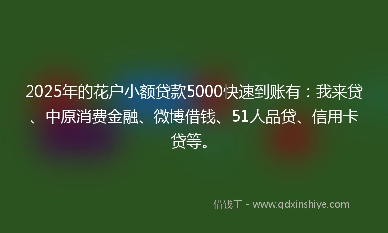 2025年的花户小额贷款5000快速到账有：我来贷、中原消费金融、微博借钱、51人品贷、信用卡贷等。