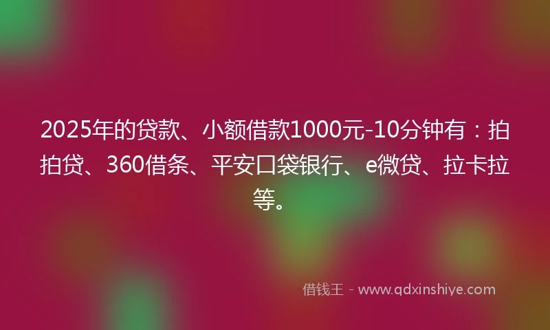 2025年的贷款、小额借款1000元-10分钟有：拍拍贷、360借条、平安口袋银行、e微贷、拉卡拉等。