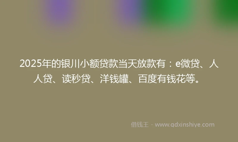 2025年的银川小额贷款当天放款有：e微贷、人人贷、读秒贷、洋钱罐、百度有钱花等。