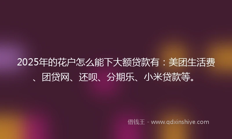 2025年的花户怎么能下大额贷款有：美团生活费、团贷网、还呗、分期乐、小米贷款等。