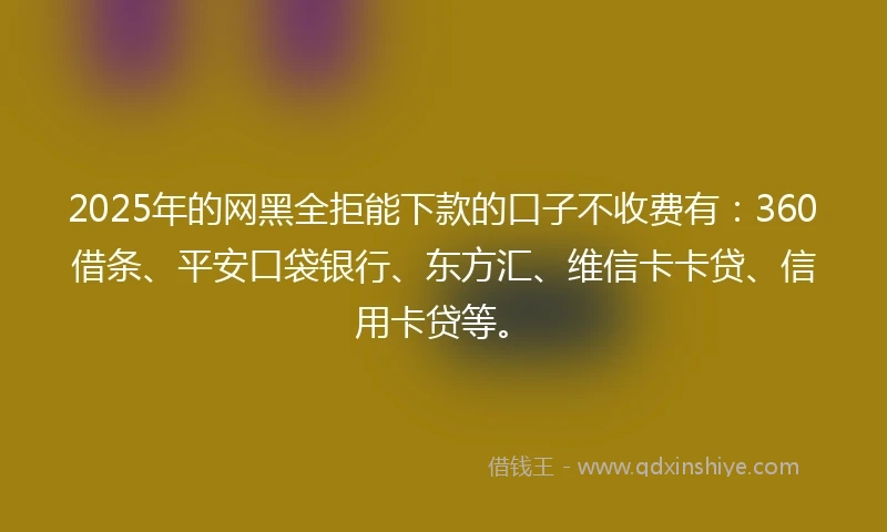 2025年的网黑全拒能下款的口子不收费有：360借条、平安口袋银行、东方汇、维信卡卡贷、信用卡贷等。