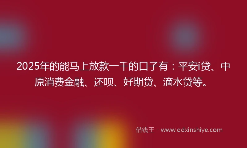 2025年的能马上放款一千的口子有：平安i贷、中原消费金融、还呗、好期贷、滴水贷等。