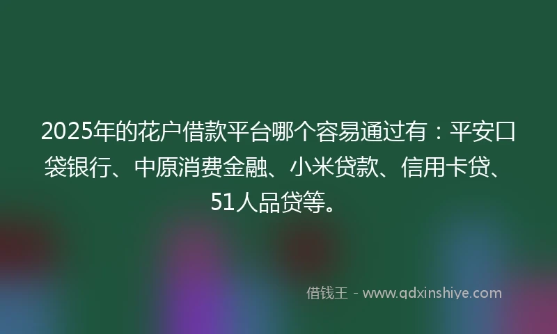 2025年的花户借款平台哪个容易通过有：平安口袋银行、中原消费金融、小米贷款、信用卡贷、51人品贷等。