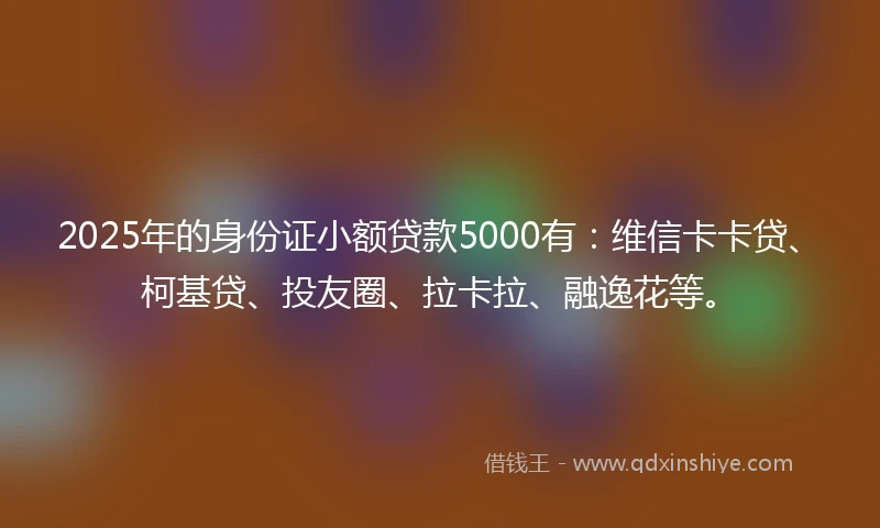 2025年的身份证小额贷款5000有：维信卡卡贷、柯基贷、投友圈、拉卡拉、融逸花等。