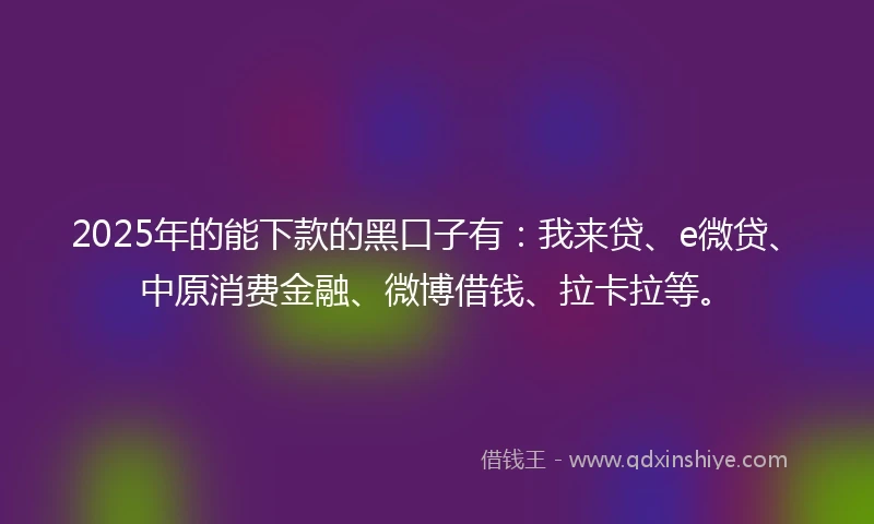 2025年的能下款的黑口子有：我来贷、e微贷、中原消费金融、微博借钱、拉卡拉等。
