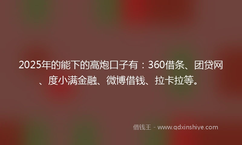 2025年的能下的高炮口子有：360借条、团贷网、度小满金融、微博借钱、拉卡拉等。