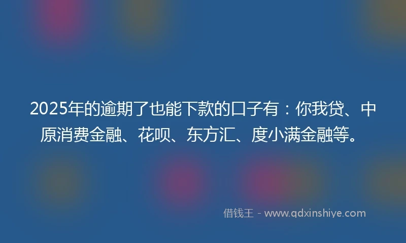 2025年的逾期了也能下款的口子有：你我贷、中原消费金融、花呗、东方汇、度小满金融等。