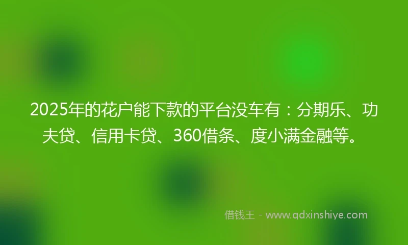 2025年的花户能下款的平台没车有：分期乐、功夫贷、信用卡贷、360借条、度小满金融等。