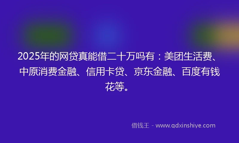 2025年的网贷真能借二十万吗有：美团生活费、中原消费金融、信用卡贷、京东金融、百度有钱花等。