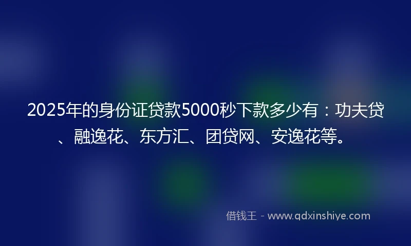 2025年的身份证贷款5000秒下款多少有：功夫贷、融逸花、东方汇、团贷网、安逸花等。