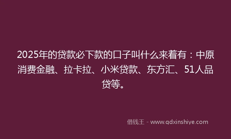 2025年的贷款必下款的口子叫什么来着有：中原消费金融、拉卡拉、小米贷款、东方汇、51人品贷等。