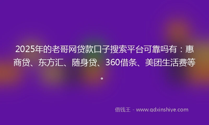 2025年的老哥网贷款口子搜索平台可靠吗有：惠商贷、东方汇、随身贷、360借条、美团生活费等。