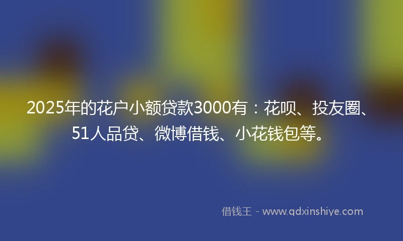 2025年的花户小额贷款3000有：花呗、投友圈、51人品贷、微博借钱、小花钱包等。