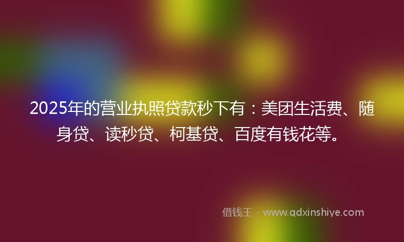 2025年的营业执照贷款秒下有：美团生活费、随身贷、读秒贷、柯基贷、百度有钱花等。
