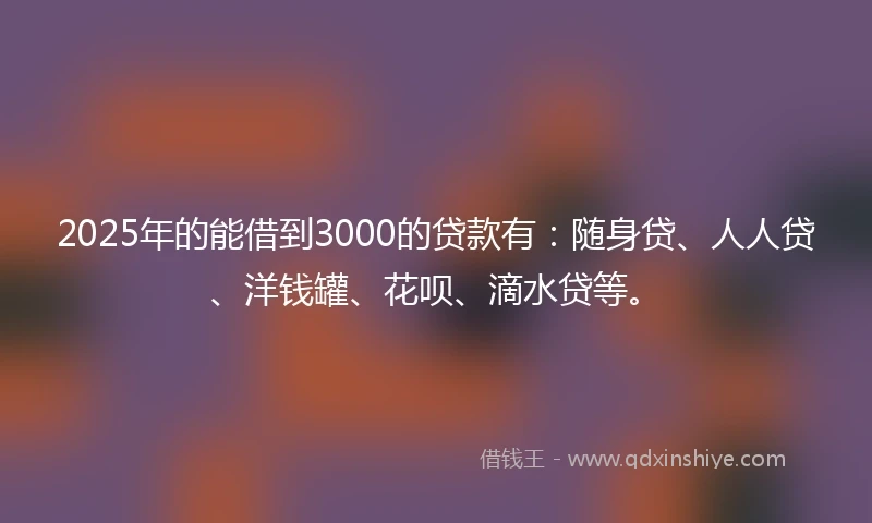 2025年的能借到3000的贷款有：随身贷、人人贷、洋钱罐、花呗、滴水贷等。