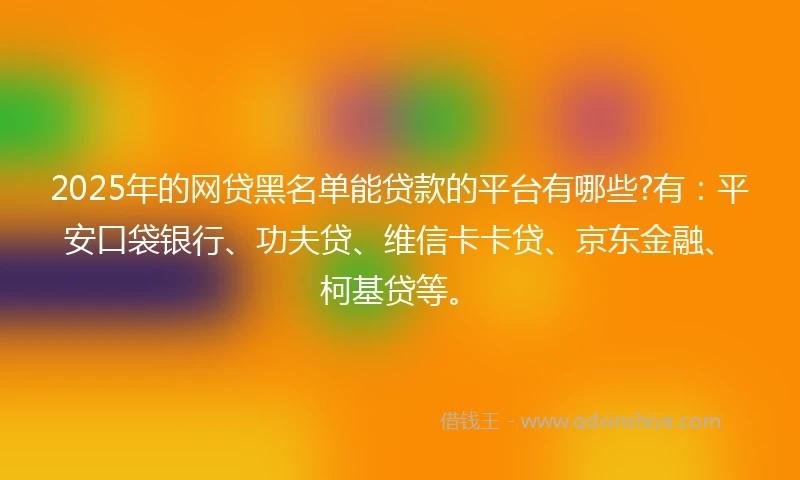 2025年的网贷黑名单能贷款的平台有哪些?有：平安口袋银行、功夫贷、维信卡卡贷、京东金融、柯基贷等。