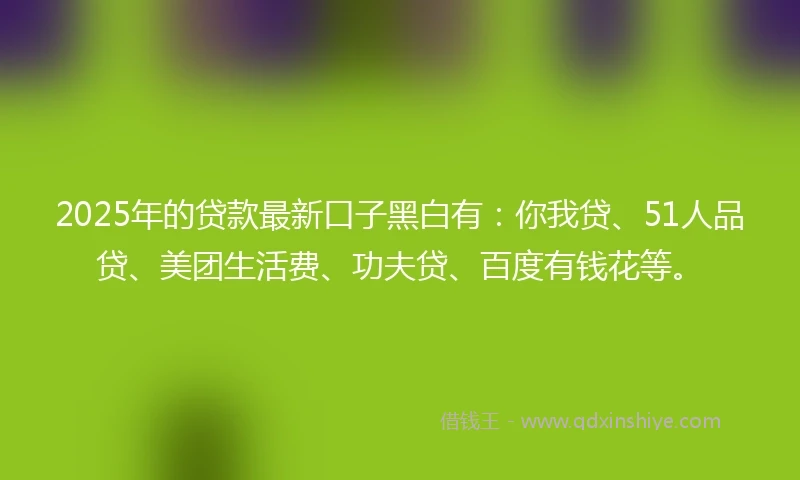 2025年的贷款最新口子黑白有：你我贷、51人品贷、美团生活费、功夫贷、百度有钱花等。