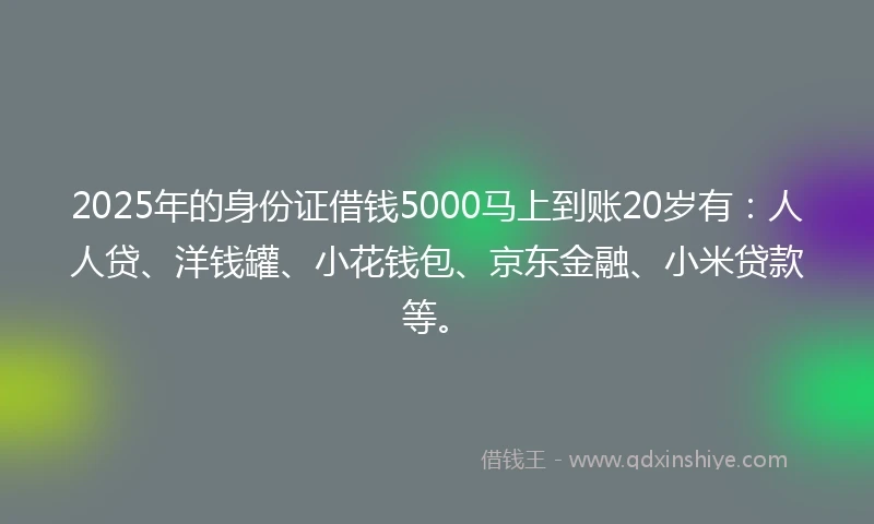 2025年的身份证借钱5000马上到账20岁有：人人贷、洋钱罐、小花钱包、京东金融、小米贷款等。