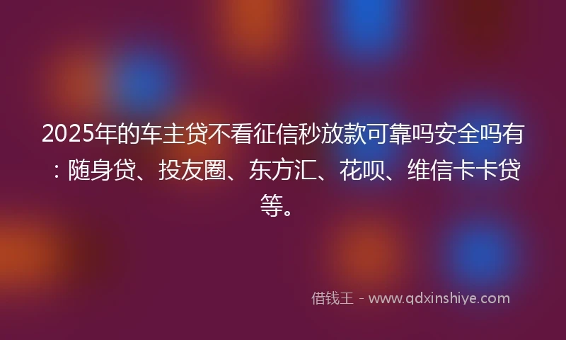 2025年的车主贷不看征信秒放款可靠吗安全吗有：随身贷、投友圈、东方汇、花呗、维信卡卡贷等。
