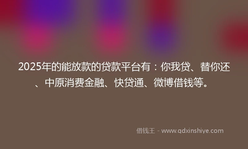 2025年的能放款的贷款平台有：你我贷、替你还、中原消费金融、快贷通、微博借钱等。