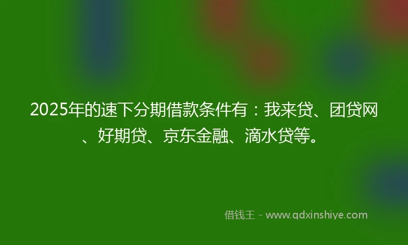 2025年的速下分期借款条件有：我来贷、团贷网、好期贷、京东金融、滴水贷等。
