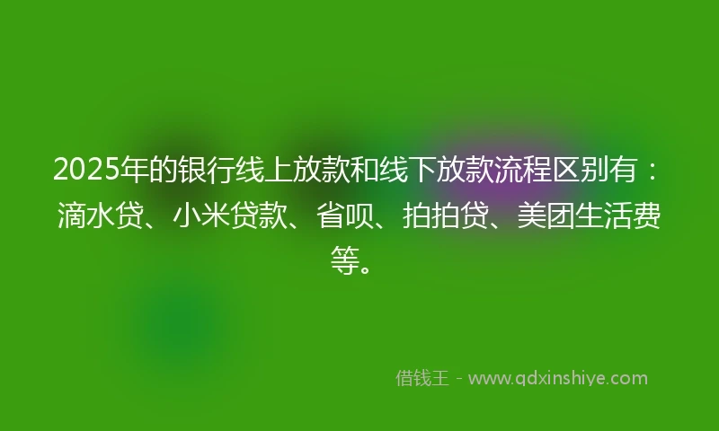 2025年的银行线上放款和线下放款流程区别有：滴水贷、小米贷款、省呗、拍拍贷、美团生活费等。