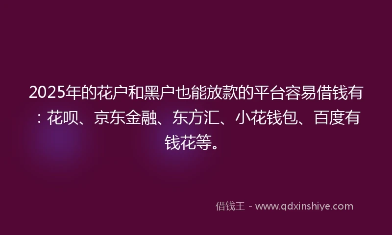 2025年的花户和黑户也能放款的平台容易借钱有：花呗、京东金融、东方汇、小花钱包、百度有钱花等。