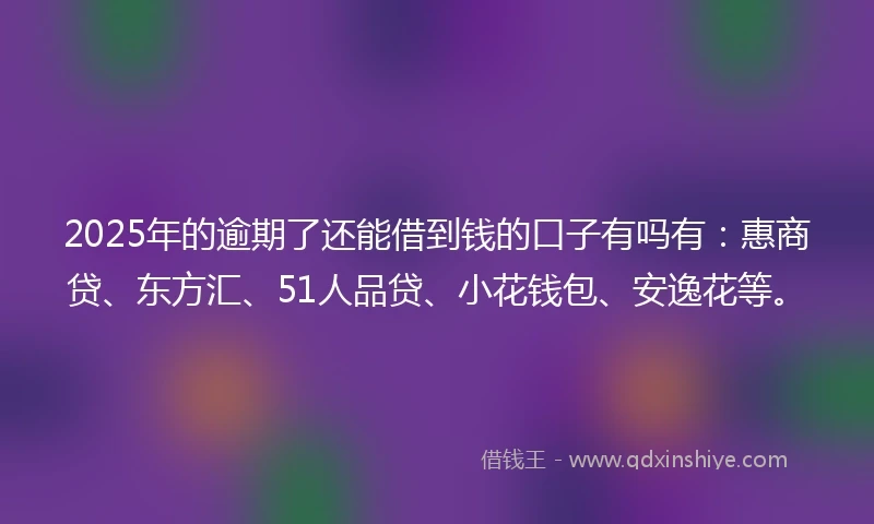 2025年的逾期了还能借到钱的口子有吗有：惠商贷、东方汇、51人品贷、小花钱包、安逸花等。