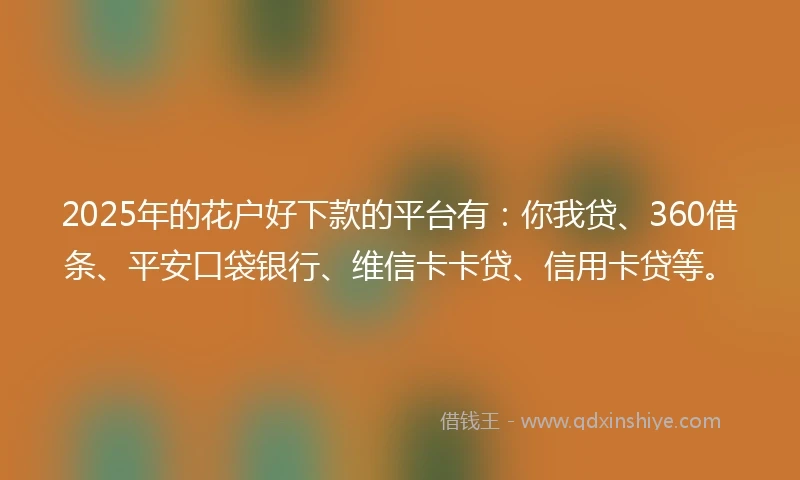 2025年的花户好下款的平台有：你我贷、360借条、平安口袋银行、维信卡卡贷、信用卡贷等。
