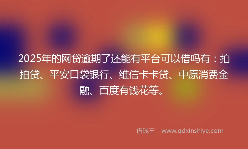 2025年的网贷逾期了还能有平台可以借吗有：拍拍贷、平安口袋银行、维信卡卡贷、中原消费金融、百度有钱花等。