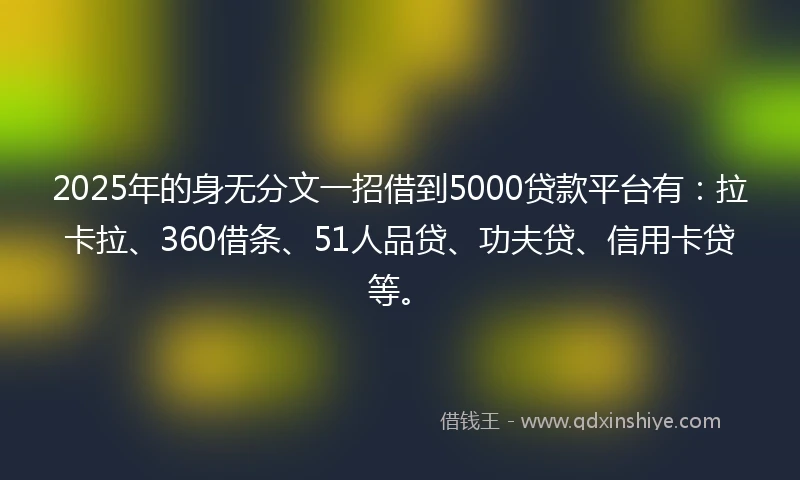 2025年的身无分文一招借到5000贷款平台有：拉卡拉、360借条、51人品贷、功夫贷、信用卡贷等。