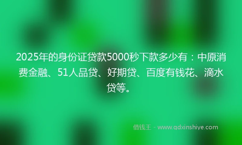 2025年的身份证贷款5000秒下款多少有：中原消费金融、51人品贷、好期贷、百度有钱花、滴水贷等。