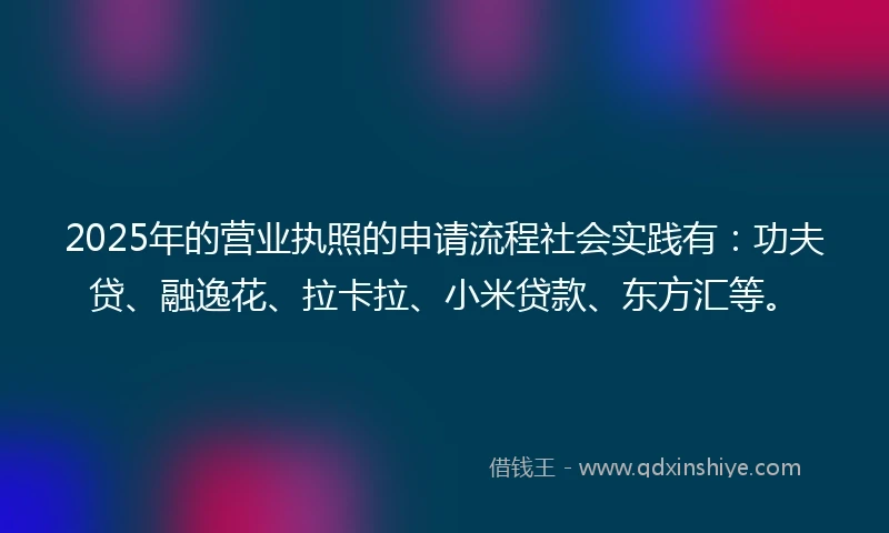 2025年的营业执照的申请流程社会实践有：功夫贷、融逸花、拉卡拉、小米贷款、东方汇等。