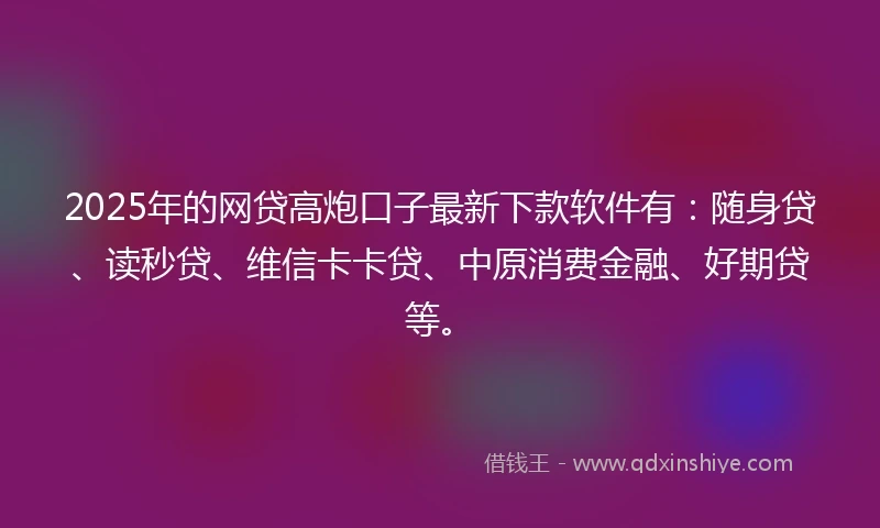 2025年的网贷高炮口子最新下款软件有：随身贷、读秒贷、维信卡卡贷、中原消费金融、好期贷等。