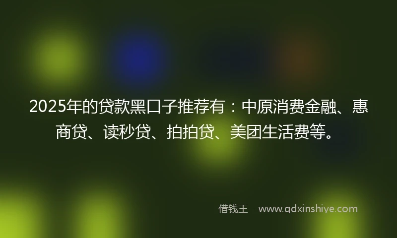 2025年的贷款黑口子推荐有：中原消费金融、惠商贷、读秒贷、拍拍贷、美团生活费等。