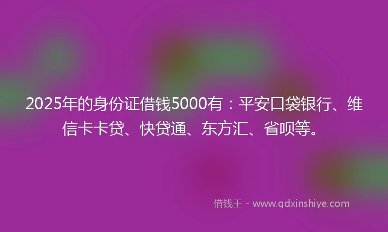 2025年的身份证借钱5000有：平安口袋银行、维信卡卡贷、快贷通、东方汇、省呗等。