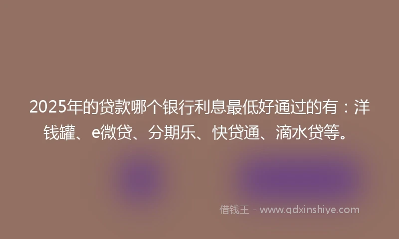 2025年的贷款哪个银行利息最低好通过的有：洋钱罐、e微贷、分期乐、快贷通、滴水贷等。