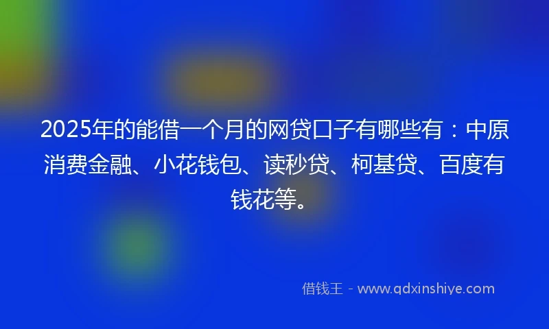 2025年的能借一个月的网贷口子有哪些有：中原消费金融、小花钱包、读秒贷、柯基贷、百度有钱花等。