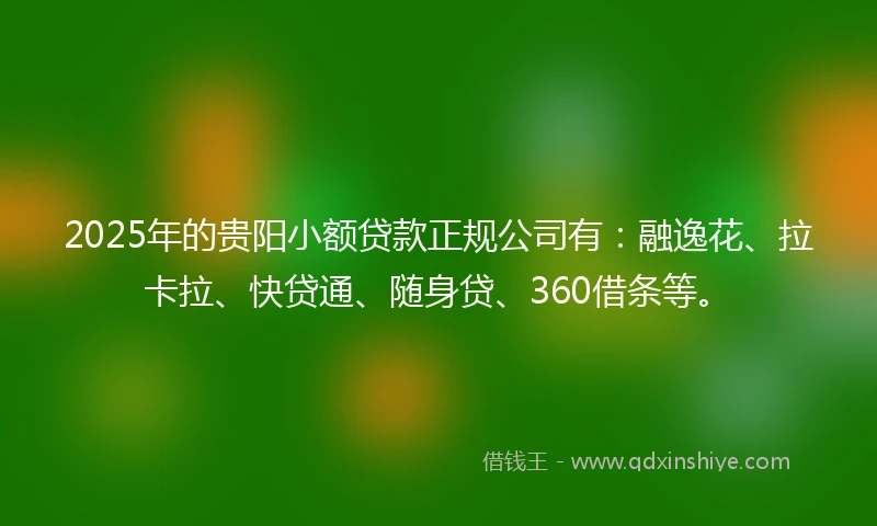 2025年的贵阳小额贷款正规公司有：融逸花、拉卡拉、快贷通、随身贷、360借条等。