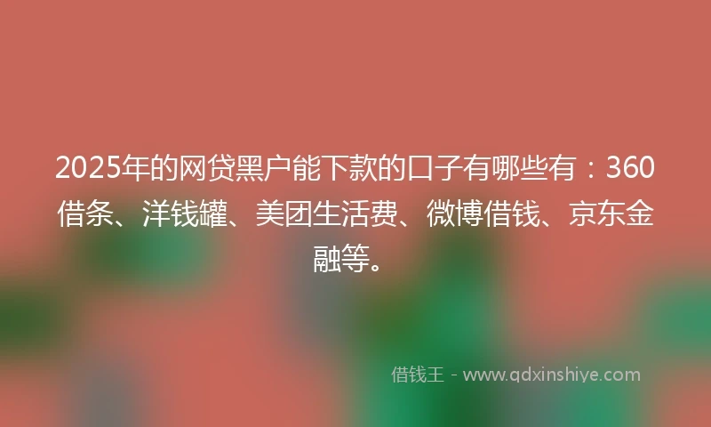 2025年的网贷黑户能下款的口子有哪些有：360借条、洋钱罐、美团生活费、微博借钱、京东金融等。